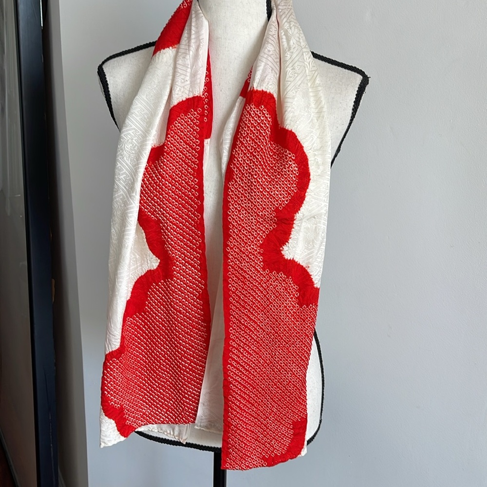 Mint Vintage Jyuban Shibori Red and White Patterned Scarf